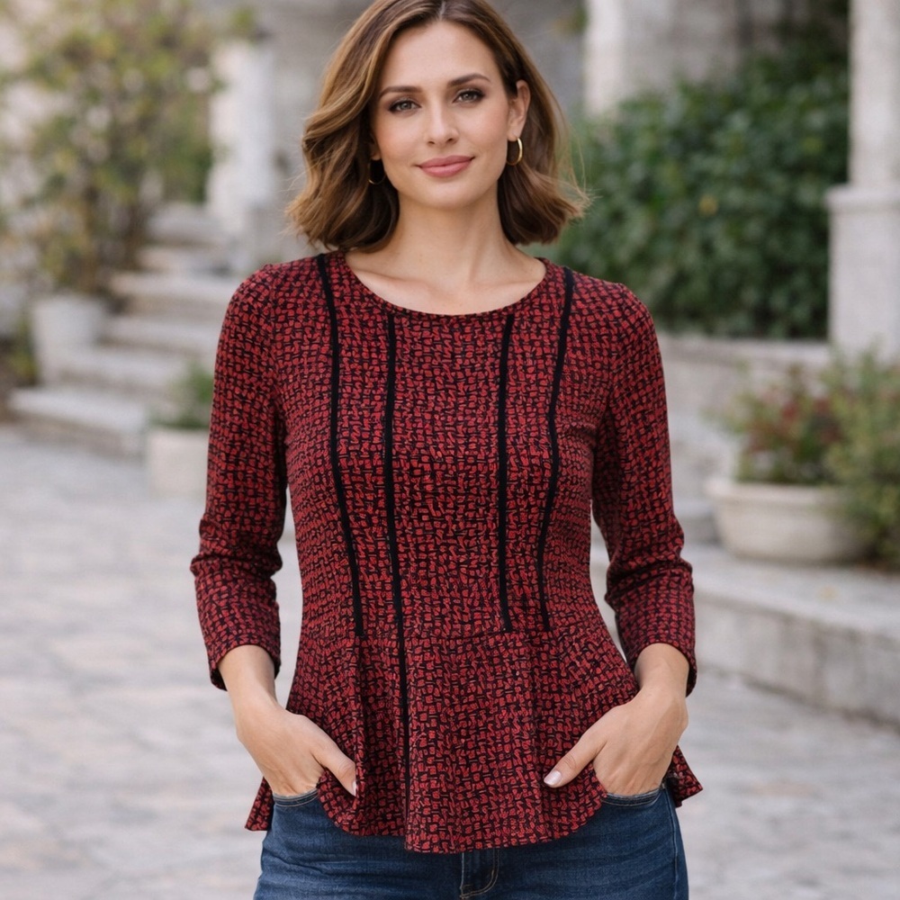 Maria Gabrielle Red and Black Peplum Blouse Size Small